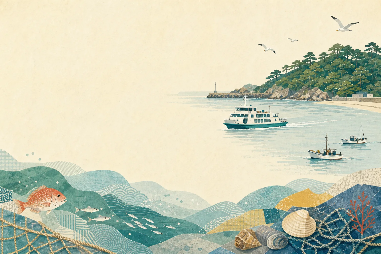篠島の海と船を描いた案内イメージ